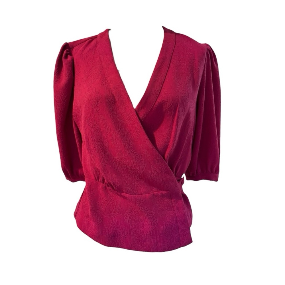 BCBGMAXAZRIA Red Wrap Blouse Puff Sleeve Peplum Top V Neck Designer Medium NWT - Picture 4 of 6
